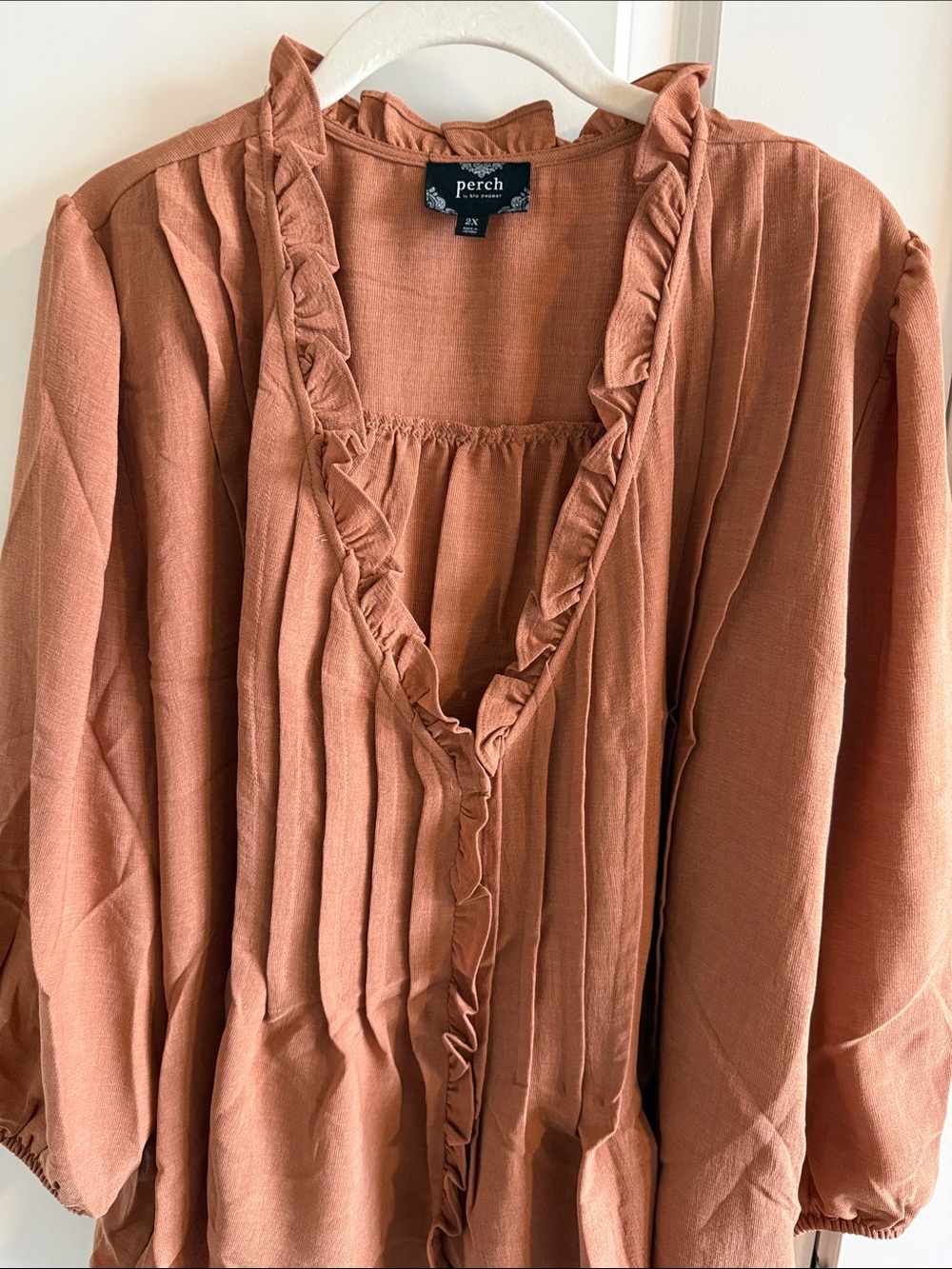 Rust Orange Ruffle V-Neck Women's Blouse - Picture 7 of 8